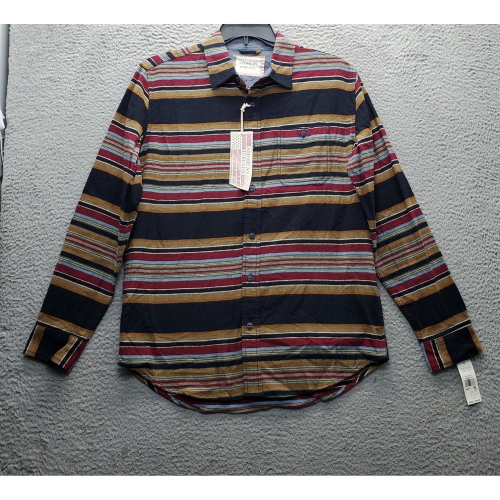 American Traders Flannel Shirt Mens Medium Multi Striped Long Sleeve Button-Up